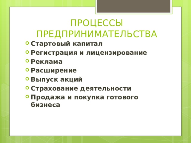 ПРОЦЕССЫ ПРЕДПРИНИМАТЕЛЬСТВА Стартовый капитал Регистрация и лицензирование Реклама Расширение Выпуск акций Страхование деятельности Продажа и покупка готового бизнеса 