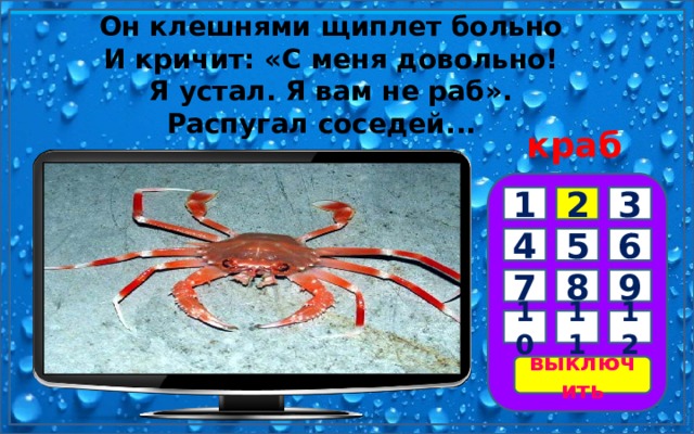 Он клешнями щиплет больно  И кричит: «С меня довольно!  Я устал. Я вам не раб».  Распугал соседей...     краб 3 1 2 6 5 4 7 8 9 10 11 12 выключить 