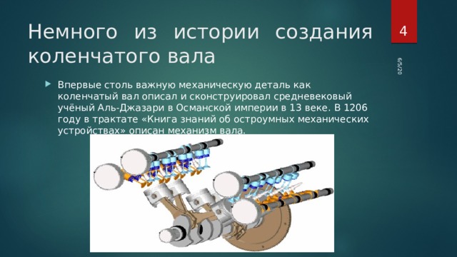 6/5/20  Немного из истории создания коленчатого вала Впервые столь важную механическую деталь как коленчатый вал описал и сконструировал средневековый учёный Аль-Джазари в Османской империи в 13 веке. В 1206 году в трактате «Книга знаний об остроумных механических устройствах» описан механизм вала. 