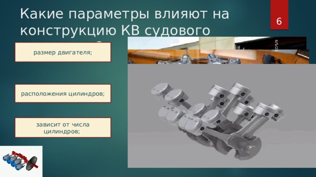 6/5/20 Какие параметры влияют на конструкцию КВ судового двигателя?  размер двигателя; расположения  цилиндров; зависит  от  числа  цилиндров; ; 