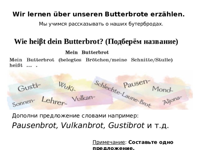 Wir lernen über unseren Butterbrote erzählen.   Мы учимся рассказывать о наших бутербродах.  Wie heiβt dein Butterbrot? (Подберём название) Дополни предложение словами например: Pausenbrot, Vulkanbrot, Gustibrot и т.д. Примечание : Составьте одно предложение. 