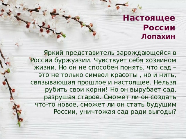 Настоящее России  Лопахин Яркий представитель зарождающейся в России буржуазии. Чувствует себя хозяином жизни. Но он не способен понять, что сад – это не только символ красоты , но и нить, связывающая прошлое и настоящее. Нельзя рубить свои корни! Но он вырубает сад, разрушая старое. Сможет ли он создать что-то новое, сможет ли он стать будущим России, уничтожая сад ради выгоды? 
