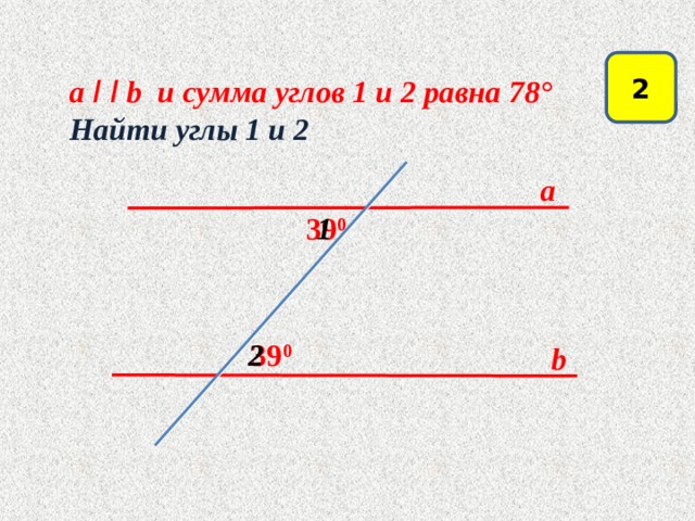 2 a ǀ ǀ b и сумма углов 1 и 2 равна 78° Найти углы 1 и 2  a 39 0 1 Актуализация знаний 39 0 2  b 6 