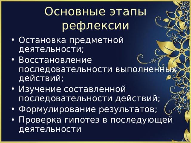 Основные этапы рефлексии Остановка предметной деятельности; Восстановление последовательности выполненных действий; Изучение составленной последовательности действий; Формулирование результатов; Проверка гипотез в последующей деятельности 
