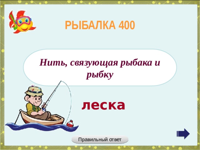 РЫБАЛКА 400 Нить, связующая рыбака и рыбку леска Правильный ответ 