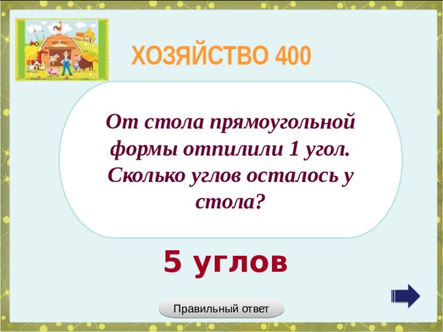 ХОЗЯЙСТВО 400 От стола прямоугольной формы отпилили 1 угол. Сколько углов осталось у стола? 5 углов Правильный ответ 