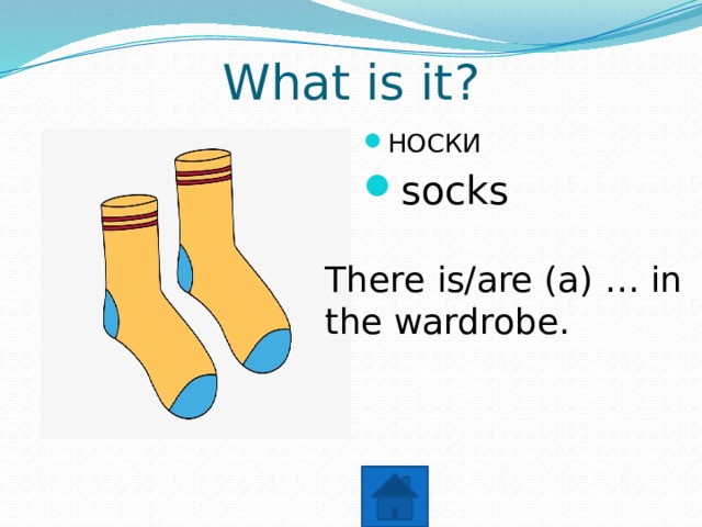 What is it? НОСКИ socks There is/are (a) … in the wardrobe. 