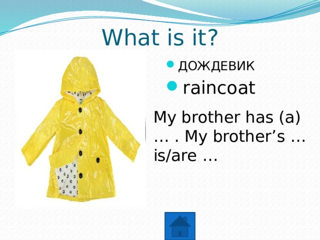 What is it? ДОЖДЕВИК raincoat My brother has (a) … . My brother’s … is/are … 