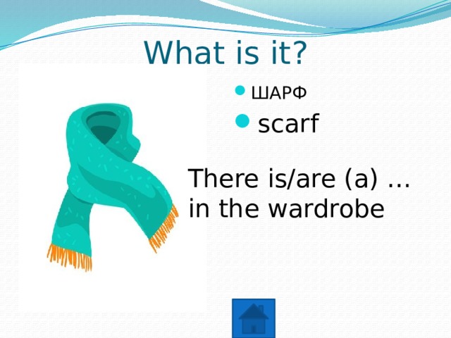 What is it? ШАРФ scarf There is/are (a) … in the wardrobe 