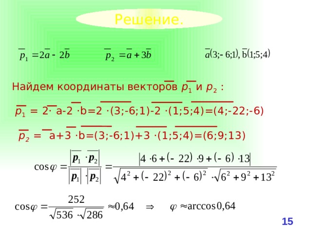 Решение. Найдем координаты векторов р 1 и р 2 :  р 1 = 2· a-2 ·b=2 ·(3;-6;1)-2 ·(1;5;4)=(4;-22;-6)  р 2 = a+3 ·b=(3;-6;1)+3 ·(1;5;4)=(6;9;13) 14 