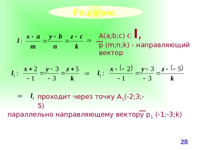 Решение. А(a;b;c) Є  l , р (m;n;k) - направляющий вектор проходит через точку А 1 (-2;3;-5) параллельно направляющему вектору р 1 (-1;-3;k) 26 