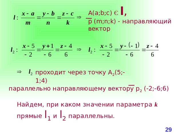 А(a;b;c) Є  l , р (m;n;k) - направляющий вектор проходит через точку А 2 (5;-1;4) параллельно направляющему вектору р 2 (-2;-6;6) Найдем, при каком значении параметра k прямые l 1 и l 2 параллельны. 28 