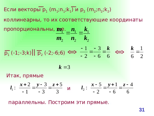 Если векторы р 1 (m 1 ;n 1 ;k 1 ) и р 2 (m 2 ;n 2 ;k 2 ) коллинеарны, то их соответствующие координаты пропорциональны, т.е. р 1 (-1;-3;k) р 2 (-2;-6;6) Итак, прямые и параллельны. Построим эти прямые. 29 