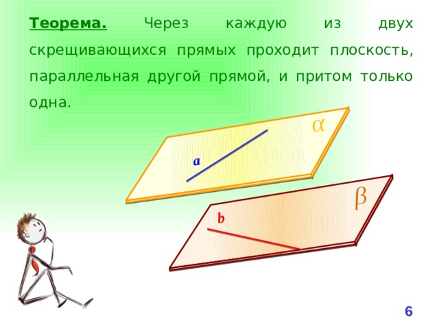 b a α β Теорема. Через каждую из двух скрещивающихся прямых проходит плоскость, параллельная другой прямой, и притом только одна. 5 