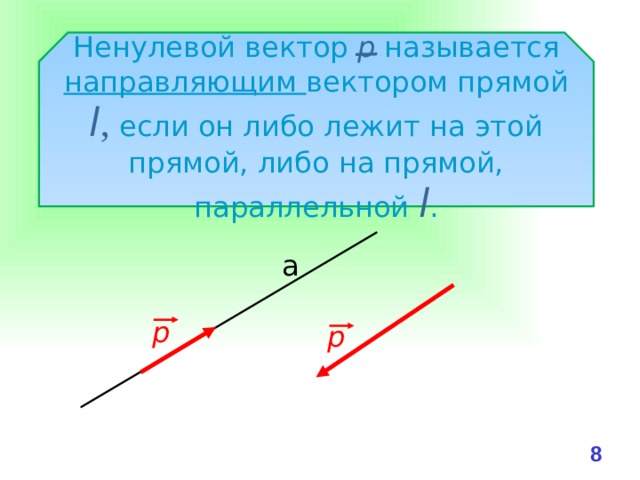 Ненулевой вектор р называется направляющим вектором прямой l , если он либо лежит на этой прямой, либо на прямой, параллельной l . а р р 7 