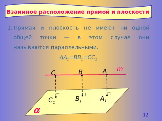  Взаимное расположение прямой и плоскости Прямая и плоскость не имеют ни одной общей точки  — в этом случае они называются параллельными . АА 1 =ВВ 1 =СС 1 m А В С А 1 В 1 С 1 11 