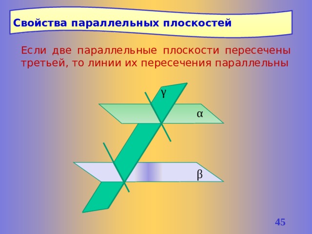 Свойства параллельных плоскостей Если две параллельные плоскости пересечены третьей, то линии их пересечения параллельны γ α β 44 