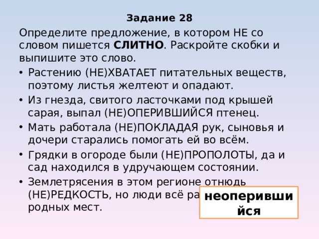 Задание 28 Определите предложение, в котором НЕ со словом пишется СЛИТНО . Раскройте скобки и выпишите это слово. Растению (НЕ)ХВАТАЕТ питательных веществ, поэтому листья желтеют и опадают. Из гнезда, свитого ласточками под крышей сарая, выпал (НЕ)ОПЕРИВШИЙСЯ птенец. Мать работала (НЕ)ПОКЛАДАЯ рук, сыновья и дочери старались помогать ей во всём. Грядки в огороде были (НЕ)ПРОПОЛОТЫ, да и сад находился в удручающем состоянии. Землетрясения в этом регионе отнюдь (НЕ)РЕДКОСТЬ, но люди всё равно не покидают родных мест. неоперившийся 