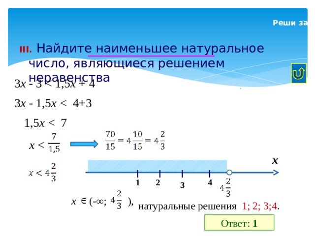  Реши задачи III.  III. Найдите наименьшее натуральное число, являющиеся решением неравенства 3 х - 3 х + 4 3 х - 1,5 х 1,5 х х х 2 1 4 3 x (-∞; ), натуральные решения 1; 2; 3;4 . Ответ: 1 