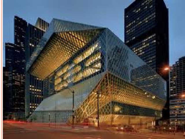 Seattle Central Library .Designed by Rem Koolhaas and Joshua Prince-Ramuce, .Height -56 meters, .Opened on May 23, 2004, . The 362,987 square foot (34,000 m²) can hold about 1.45 million books and other materials. 