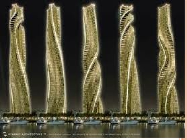 The Dynamic Tower . Designed by David Fisher . Situated in Dubai . Date 2010 . The Dynamic Tower is the world's first moving building! The  80-story tower  with revolving floors give the building a shifting shape. It is unique building and will never look the same twice, according to developers.   