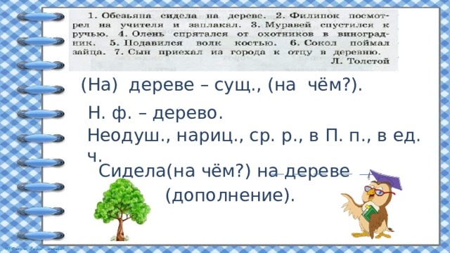 (На) дереве – сущ., (на чём?). Н. ф. – дерево. Неодуш., нариц., ср. р., в П. п., в ед. ч. Сидела(на чём?) на дереве  (дополнение). 