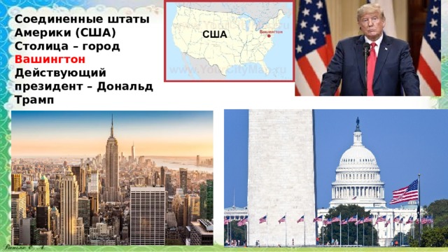 Соединенные штаты Америки (США) Столица – город Вашингтон Действующий президент – Дональд Трамп 