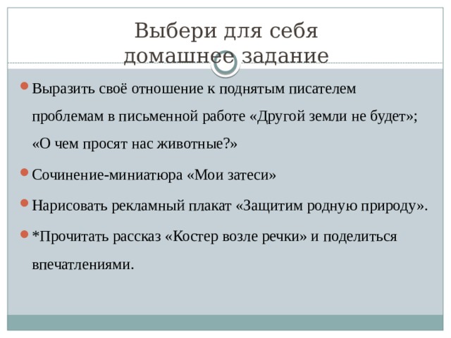 Выбери для себя  домашнее задание Выразить своё отношение к поднятым писателем проблемам в письменной работе «Другой земли не будет»; «О чем просят нас животные?» Сочинение-миниатюра «Мои затеси» Нарисовать рекламный плакат «Защитим родную природу». *Прочитать рассказ «Костер возле речки» и поделиться впечатлениями. 