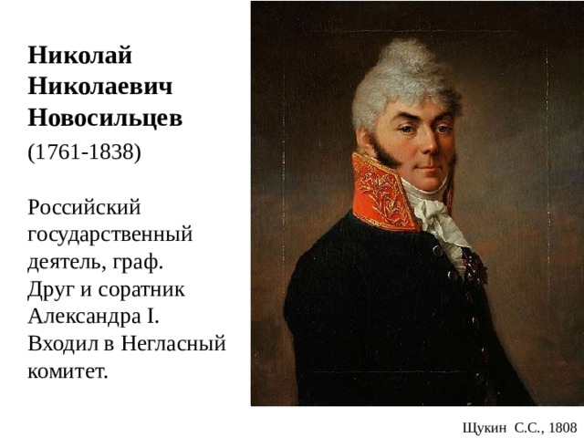  Николай Николаевич Новосильцев  (1761-1838)  Российский государственный деятель, граф.  Друг и соратник Александра I .  Входил в Негласный комитет. Щукин С.С., 1808 