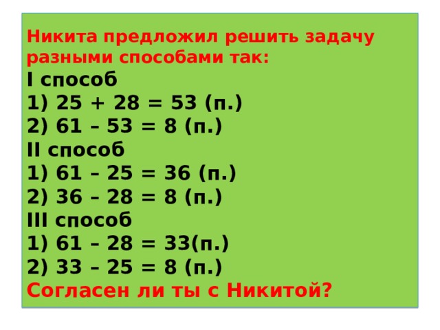  Никита предложил решить задачу разными способами так:  I способ  1) 25 + 28 = 53 (п.)  2) 61 – 53 = 8 (п.)  II способ  1) 61 – 25 = 36 ( п.)  2) 36 – 28 = 8 (п.)  III способ  1) 61 – 28 = 33(п.)  2) 33 – 25 = 8 (п.)  Согласен ли ты с Никитой?   