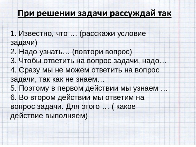 1. Известно, что … (расскажи условие задачи) 2. Надо узнать… (повтори вопрос) 3. Чтобы ответить на вопрос задачи, надо… 4. Сразу мы не можем ответить на вопрос задачи, так как не знаем… 5. Поэтому в первом действии мы узнаем … 6. Во втором действии мы ответим на вопрос задачи. Для этого … ( какое действие выполняем) 