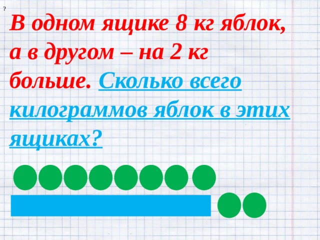 ? В одном ящике 8 кг яблок, а в другом – на 2 кг больше. Сколько всего килограммов яблок в этих ящиках? 