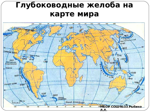 Глубоководные желоба на карте мира            МБОУ СОШ №33 Рыбина Л.Л.  