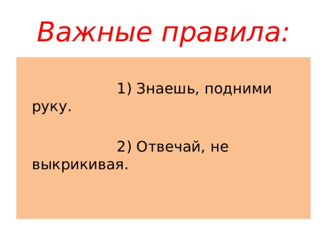 Важные правила:  1) Знаешь, подними руку.  2) Отвечай, не выкрикивая. 