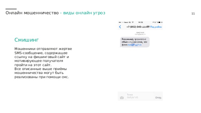 Онлайн мошенничество -  виды онлайн угроз Смишинг Мошенники отправляют жертве SMS-сообщение, содержащее ссылку на фишинговый сайт и мотивирующее получателя пройти на этот сайт. Все описанные выше приёмы мошенничества могут быть реализованы при помощи смс. 