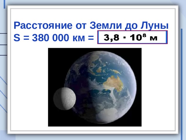 Расстояние от Земли до Луны  S = 380 000 км =   