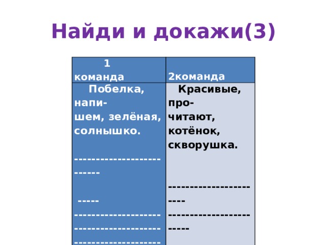 Найди и докажи(3)  1 команда  2команда  Побелка, напи- шем, зелёная,  Красивые, про- читают, котёнок, скворушка. солнышко.      ----------------------- ------------------------ -------------------------- ----- -----------------------------------------------------------------------------------------------------    -----------------------  -----------------------  ----------------------- 