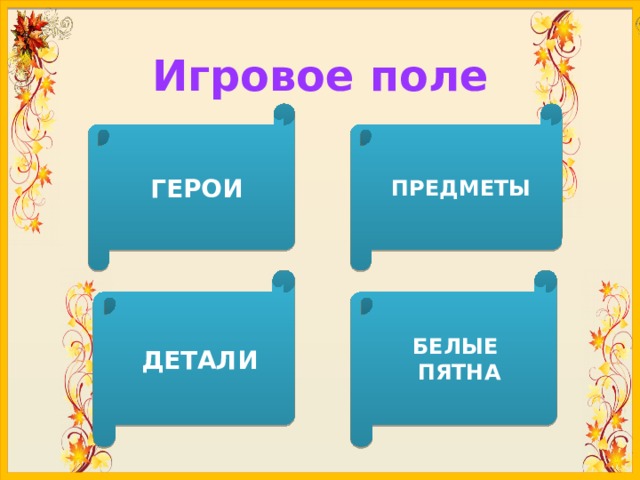 Игровое поле ГЕРОИ ПРЕДМЕТЫ ДЕТАЛИ БЕЛЫЕ ПЯТНА 