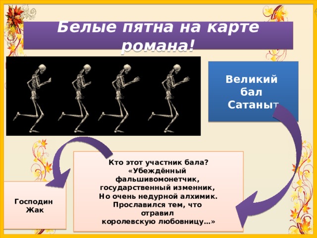 Белые пятна на карте романа! Великий бал Сатаны т Кто этот участник бала? «Убеждённый фальшивомонетчик, государственный изменник, Но очень недурной алхимик. Прославился тем, что отравил королевскую любовницу…» Господин Жак 