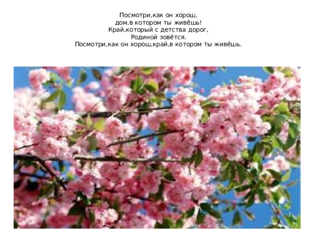 Посмотри,как он хорош,  дом,в котором ты живёшь!  Край,который с детства дорог,  Родиной зовётся.  Посмотри,как он хорош,край,в котором ты живёшь. 