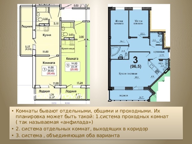 Комнаты бывают отдельными, общими и проходными. Их планировка может быть такой: 1.система проходных комнат ( так называемая «анфилада») 2. система отдельных комнат, выходящих в коридор 3. система , объединяющая оба варианта 