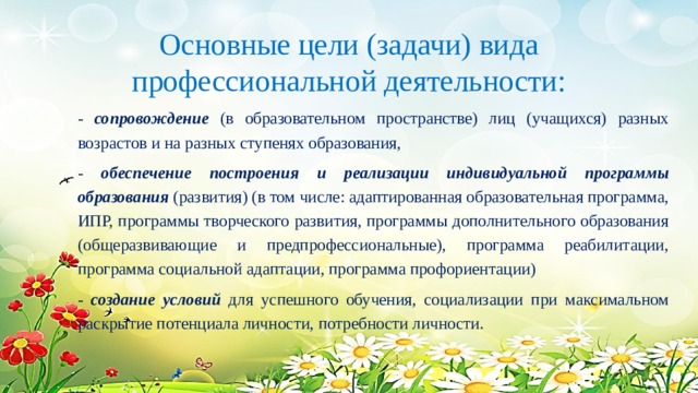 Основные цели (задачи) вида профессиональной деятельности:   - сопровождение (в образовательном пространстве) лиц (учащихся) разных возрастов и на разных ступенях образования, - обеспечение построения и реализации индивидуальной программы образования (развития) (в том числе: адаптированная образовательная программа, ИПР, программы творческого развития, программы дополнительного образования (общеразвивающие и предпрофессиональные), программа реабилитации, программа социальной адаптации, программа профориентации) - создание условий для успешного обучения, социализации при максимальном раскрытие потенциала личности, потребности личности. 