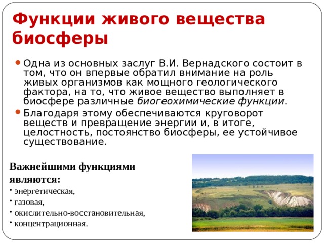 Функции живого вещества биосферы Одна из основных заслуг В.И. Вернадского состоит в том, что он впервые обратил внимание на роль живых организмов как мощного геологического фактора, на то, что живое вещество выполняет в биосфере различные биогеохимические функции . Благодаря этому обеспечиваются круговорот веществ и превращение энергии и, в итоге, целостность, постоянство биосферы, ее устойчивое существование. Важнейшими функциями являются:  энергетическая,  газовая,  окислительно-восстановительная,  концентрационная. 