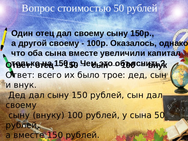 Вопрос стоимостью 50 рублей Один отец дал своему сыну 150р., а другой своему - 100р. Оказалось, однако, что оба сына вместе увеличили капитал только на 150 р. Чем это объяснить? Ответ: отец →150→ сын → 100 → внук Ответ: всего их было трое: дед, сын и внук.  Дед дал сыну 150 рублей, сын дал своему  сыну (внуку) 100 рублей, у сына 50 рублей, а вместе 150 рублей.   