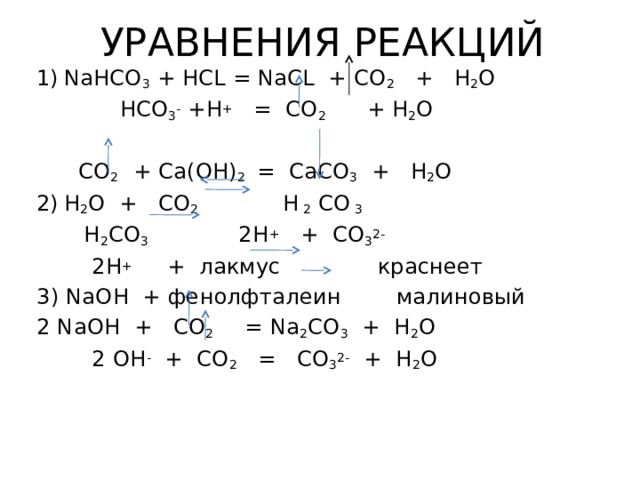 УРАВНЕНИЯ РЕАКЦИЙ NaHCO 3 + HCL = NaCL + CO 2 + H 2 O  HCO 3 - +H + = CO 2 + H 2 O  CO 2 + Ca(OH) 2 = CaCO 3 + H 2 O H 2 O + CO 2 H 2 CO 3    H 2 CO 3 2H + + CO 3 2-  2H + + лакмус краснеет 3) NaOH + фенолфталеин малиновый 2 NaOH + CO 2 = Na 2 CO 3 + Н 2 O  2 OH - + CO 2 = CO 3 2- + H 2 O 