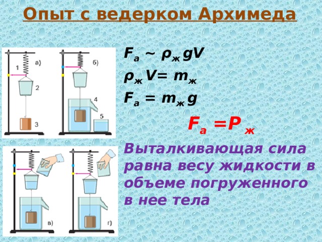 Опыт с ведерком Архимеда F а ~ ρ ж  gV  ρ ж  V= m ж F а = m ж  g F а =P ж Выталкивающая сила равна весу жидкости в объеме погруженного в нее тела 