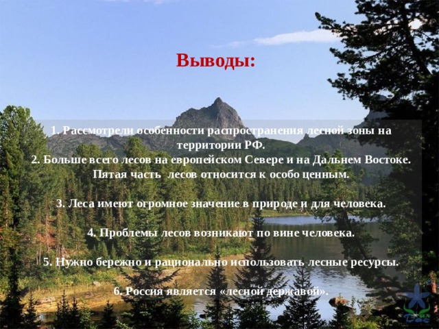 Выводы:  1. Рассмотрели особенности распространения лесной зоны на территории РФ. 2. Больше всего лесов на европейском Севере и на Дальнем Востоке. Пятая часть лесов относится к особо ценным.  3. Леса имеют огромное значение в природе и для человека.  4. Проблемы лесов возникают по вине человека.  5. Нужно бережно и рационально использовать лесные ресурсы.  6. Россия является «лесной державой».  