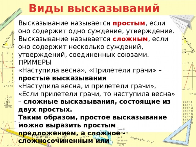 Виды высказываний Высказывание называется простым , если оно содержит одно суждение, утверждение. Высказывание называется сложным , если оно содержит несколько суждений, утверждений, соединенных союзами. ПРИМЕРЫ «Наступила весна», «Прилетели грачи» – простые высказывания «Наступила весна, и прилетели грачи», «Если прилетели грачи, то наступила весна» – сложные высказывания, состоящие из двух простых. Таким образом, простое высказывание можно выразить простым предложением, а сложное - сложносочиненным или сложноподчиненные предложения 