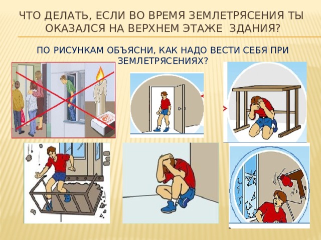  ЧТО делать, если во время землетрясения ты  оказался на верхнем этаже здания?   По рисункам объясни, как надо вести себя при землетрясениях? 