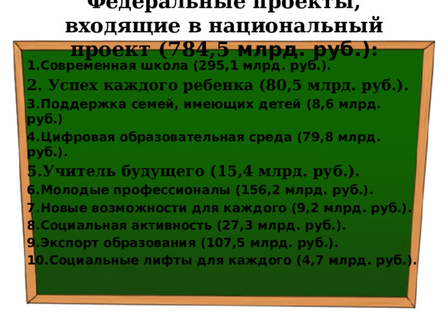 Федеральные проекты, входящие в национальный проект (784,5 млрд. руб.) :   1.Современная школа (295,1 млрд. руб.). 2. Успех каждого ребенка (80,5 млрд. руб.). 3.Поддержка семей, имеющих детей (8,6 млрд. руб.) 4.Цифровая образовательная среда (79,8 млрд. руб.). 5.Учитель будущего (15,4 млрд. руб.). 6.Молодые профессионалы (156,2 млрд. руб.). 7.Новые возможности для каждого (9,2 млрд. руб.). 8.Социальная активность (27,3 млрд. руб.). 9.Экспорт образования (107,5 млрд. руб.). 10.Социальные лифты для каждого (4,7 млрд. руб.). 